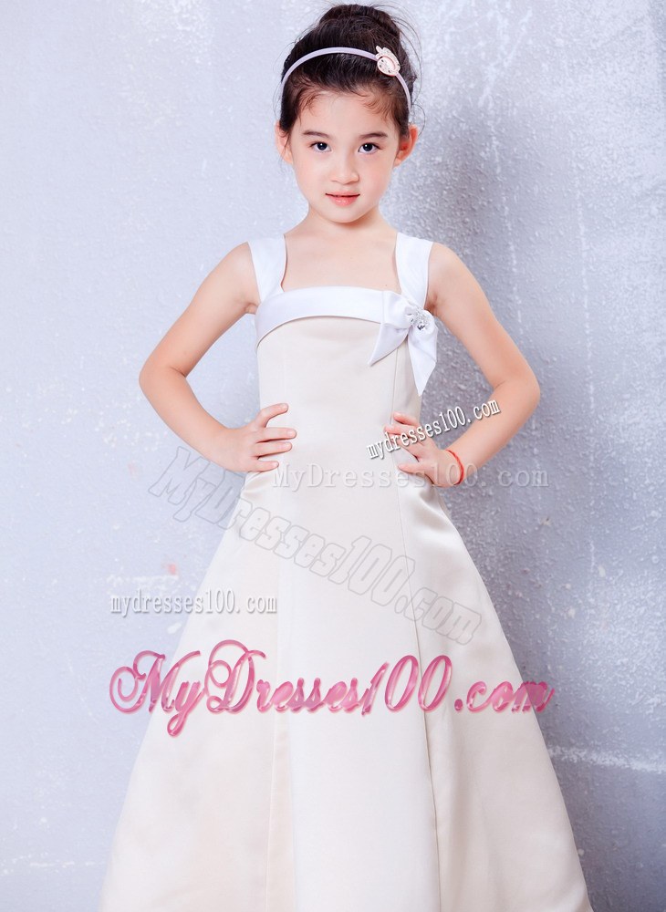 Champagne Square Neck Ankle-length Bows Flower Girl Dress