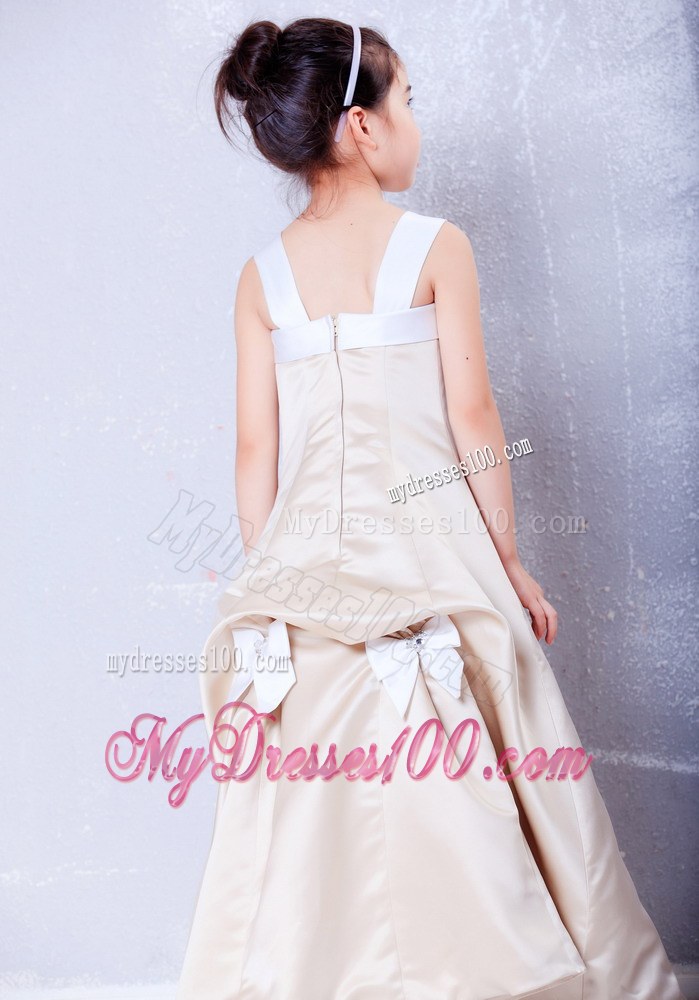 Champagne Square Neck Ankle-length Bows Flower Girl Dress