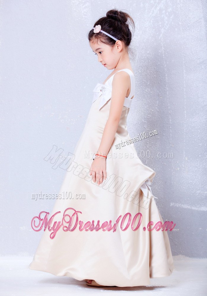 Champagne Square Neck Ankle-length Bows Flower Girl Dress