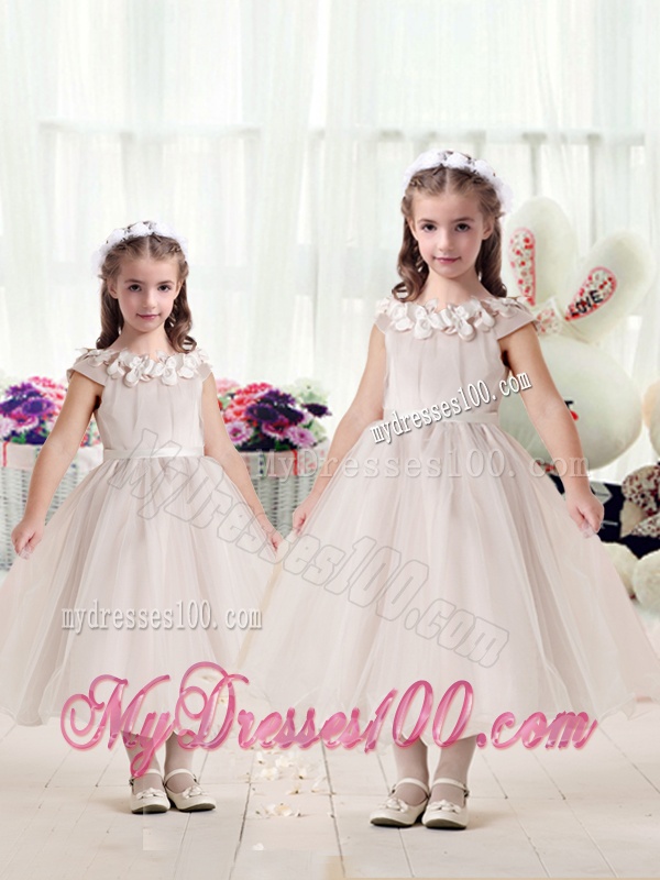 Classical Cap Sleeves Flower Girl Dresses with Appliques and Belt
