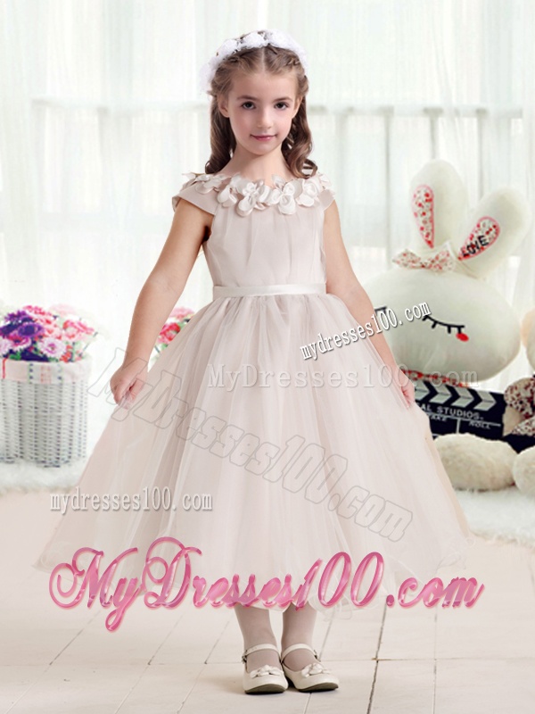 Classical Cap Sleeves Flower Girl Dresses with Appliques and Belt