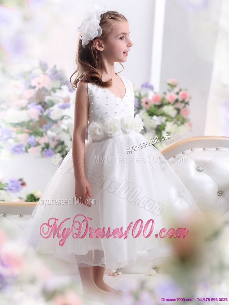 Cute Halter Top White Mini Length Flower Girl Dress with Hand Made Flower