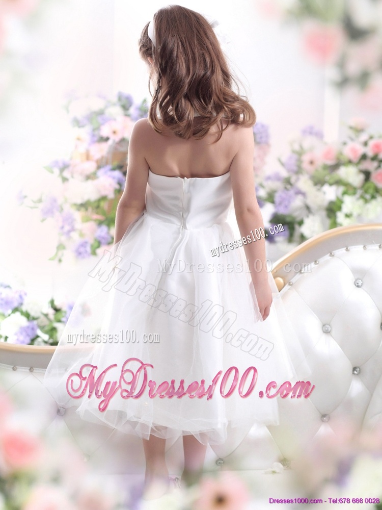 Cute Halter Top White Mini Length Flower Girl Dress with Hand Made Flower