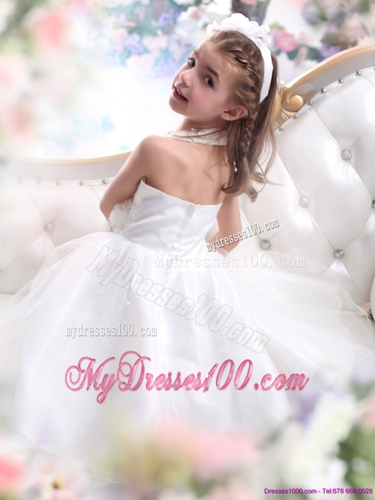 Cute Halter Top White Mini Length Flower Girl Dress with Hand Made Flower