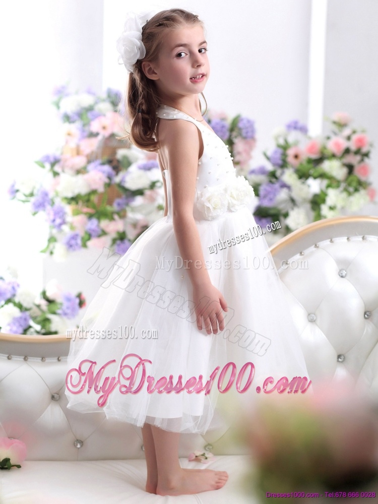 Cute Halter Top White Mini Length Flower Girl Dress with Hand Made Flower