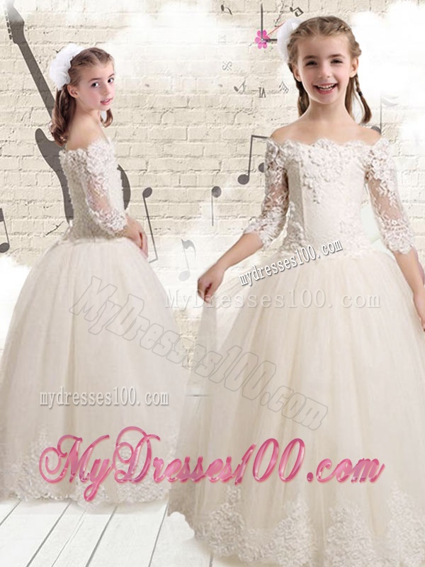 Elegant Off the Shoulder White Flower Girl Dresses with Appliques