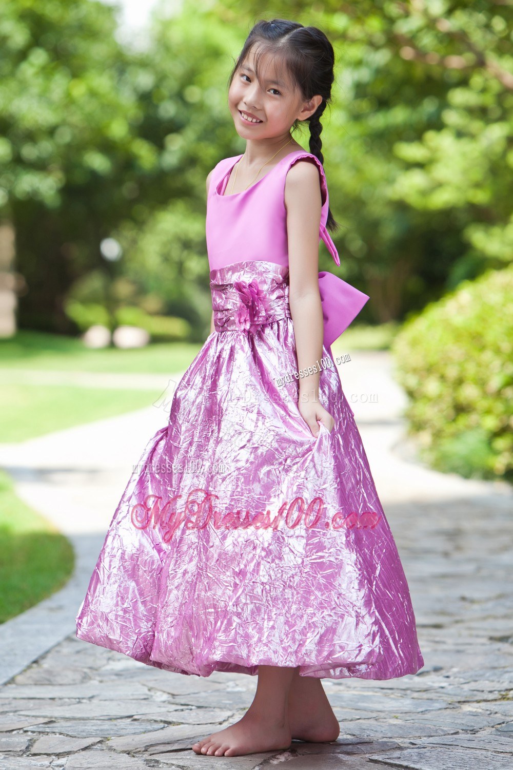 Lavender Column Sheath Scoop Ankle-length Bow Flower Girl Dress