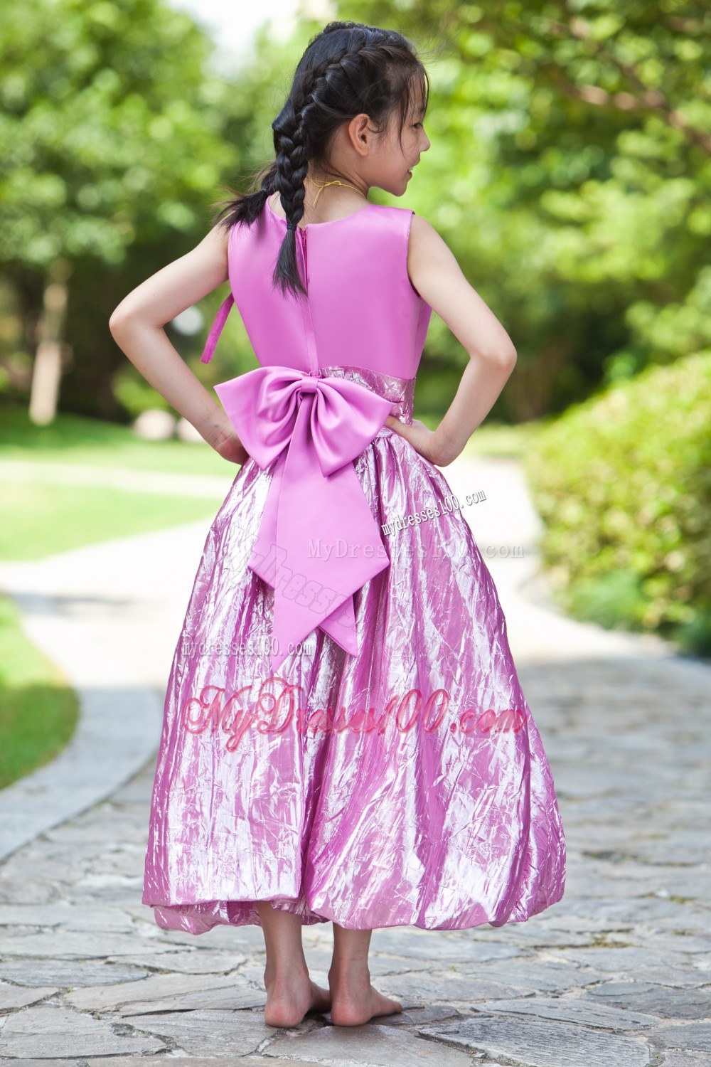 Lavender Column Sheath Scoop Ankle-length Bow Flower Girl Dress