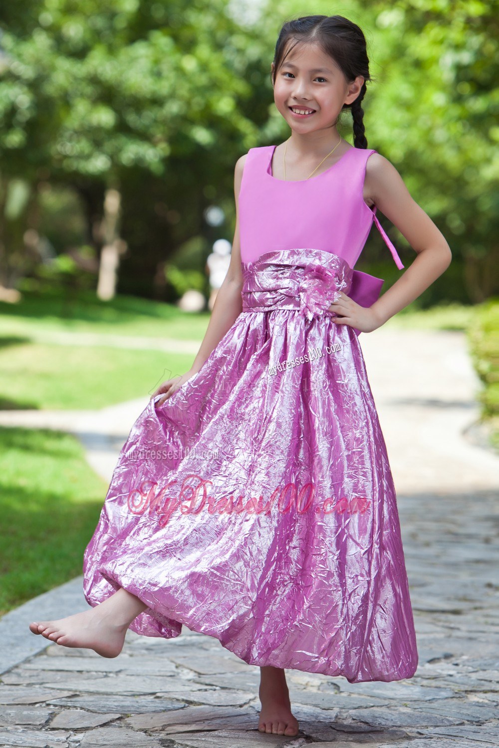 Lavender Column Sheath Scoop Ankle-length Bow Flower Girl Dress