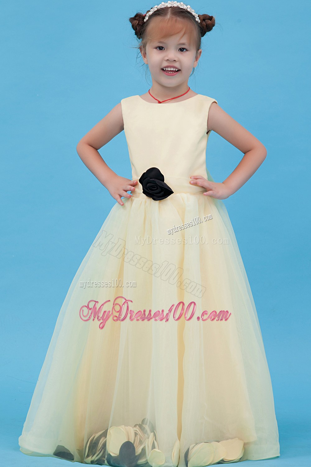 Light Yellow Scoop Floor-length Hand Made flower Flower Girl Dress