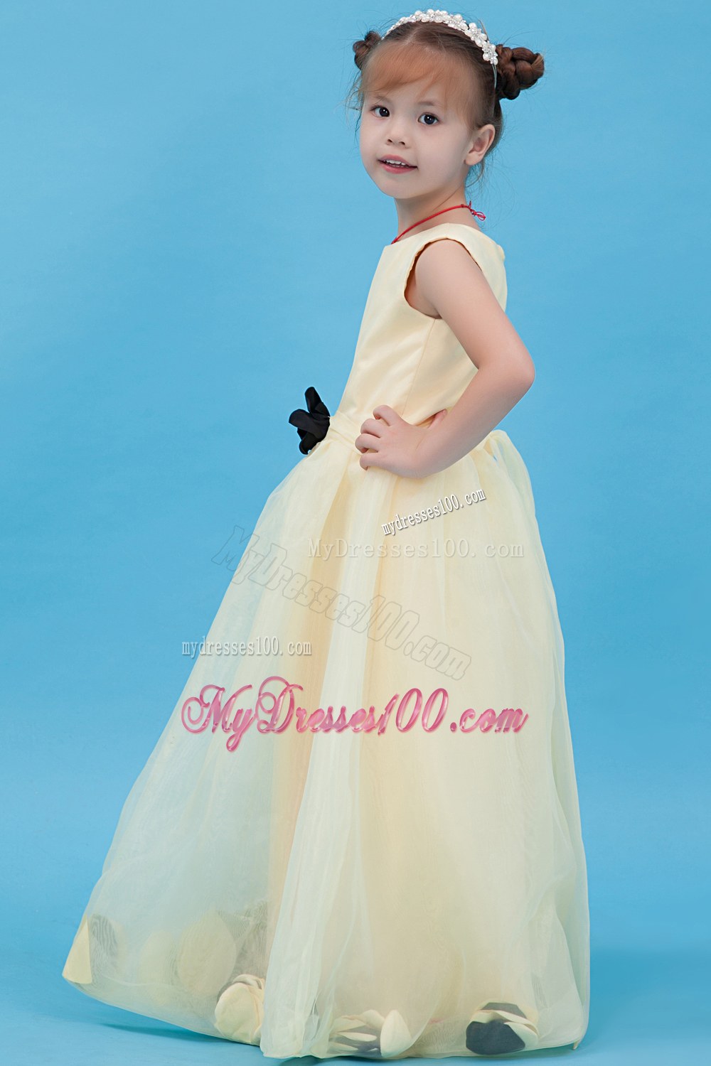 Light Yellow Scoop Floor-length Hand Made flower Flower Girl Dress