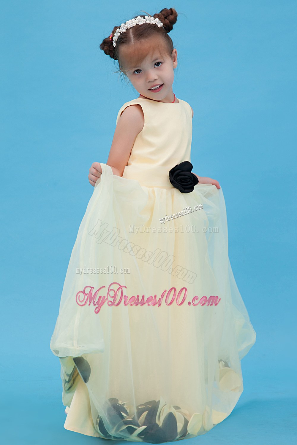 Light Yellow Scoop Floor-length Hand Made flower Flower Girl Dress