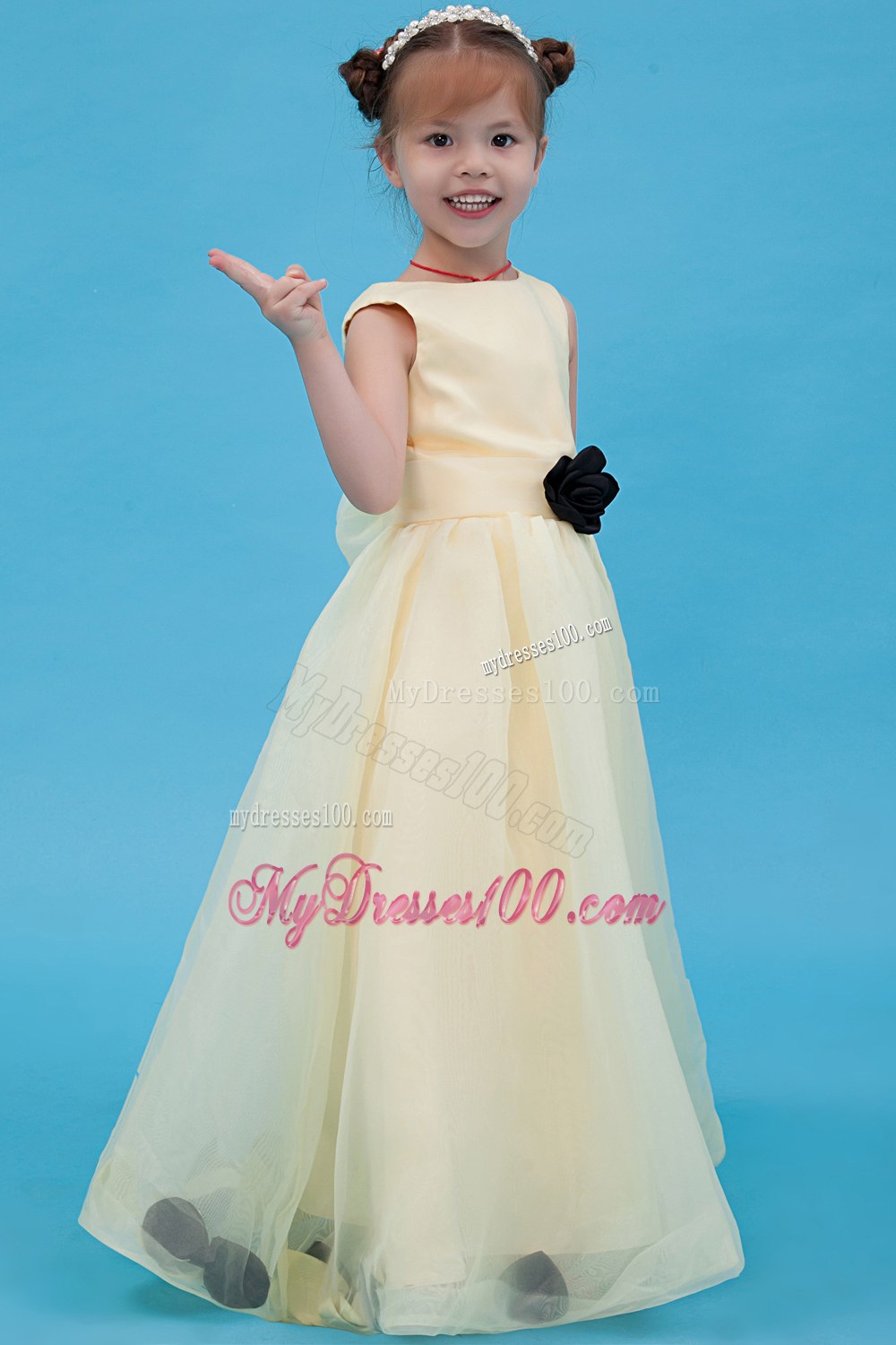 Light Yellow Scoop Floor-length Hand Made flower Flower Girl Dress
