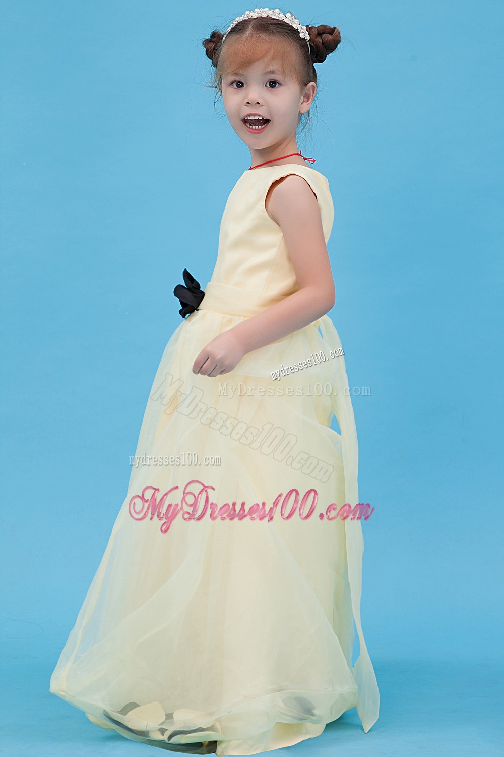 Light Yellow Scoop Floor-length Hand Made flower Flower Girl Dress