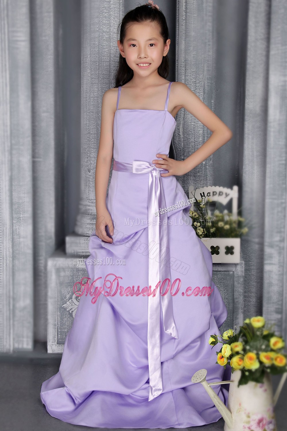 Lilac Straps Brush Train Sash Flower Girl Dress