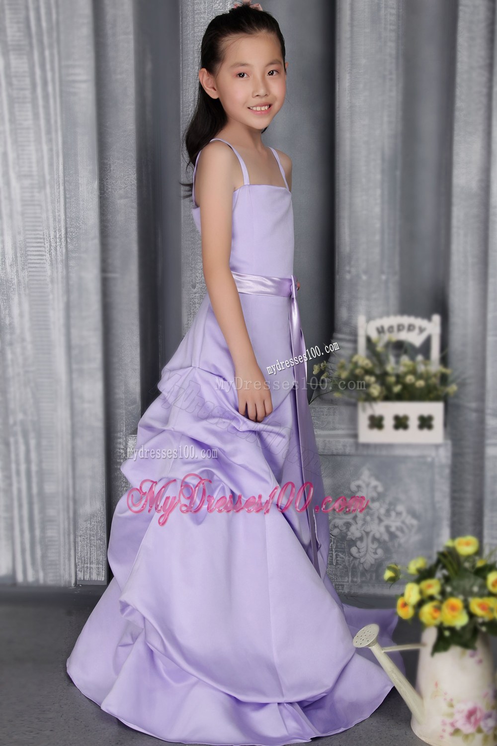 Lilac Straps Brush Train Sash Flower Girl Dress