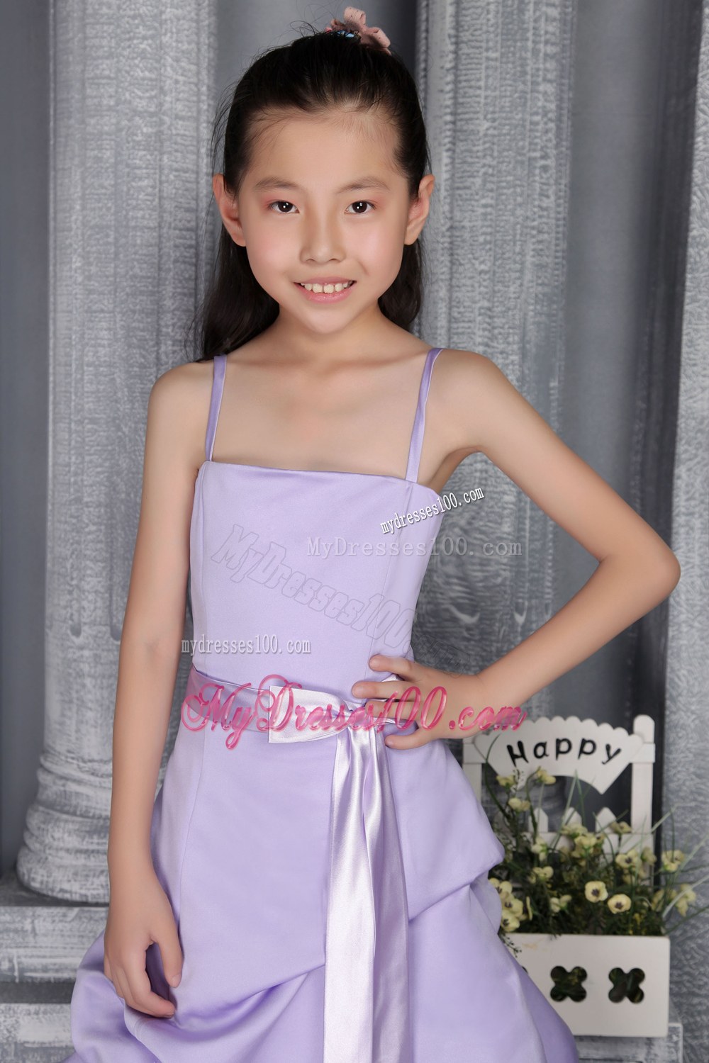 Lilac Straps Brush Train Sash Flower Girl Dress
