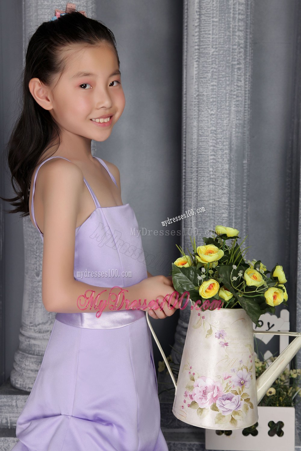 Lilac Straps Brush Train Sash Flower Girl Dress