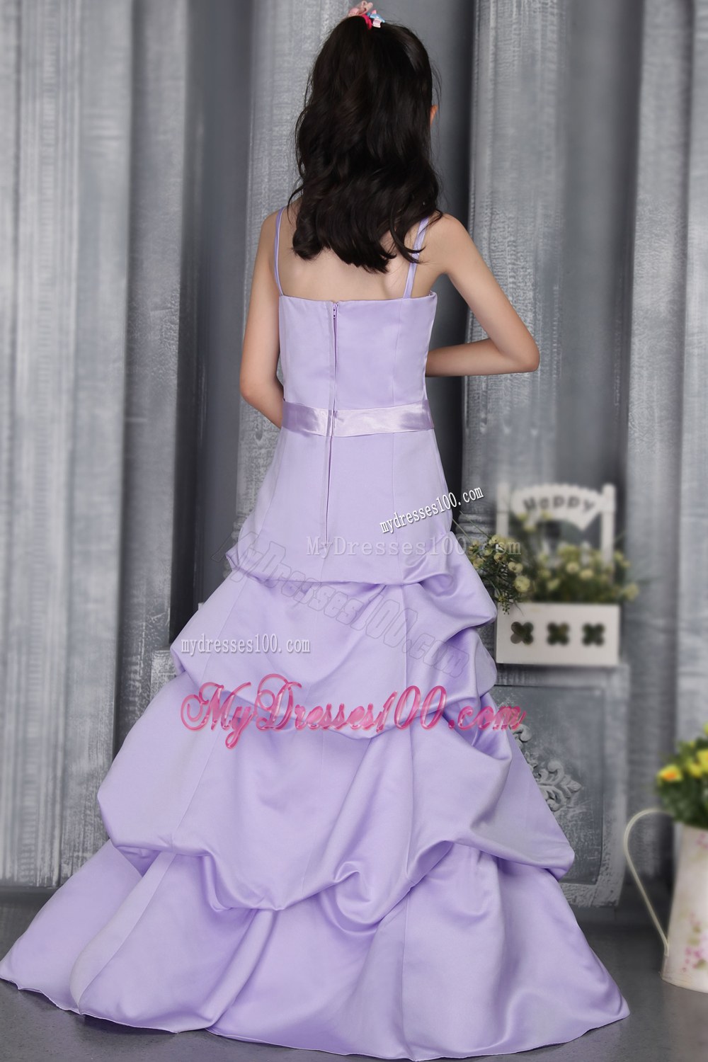 Lilac Straps Brush Train Sash Flower Girl Dress