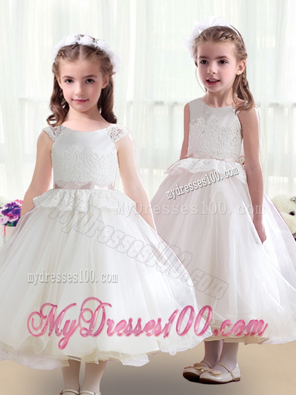 Lovely Tea Length White Flower Girl Dresses with Appliques