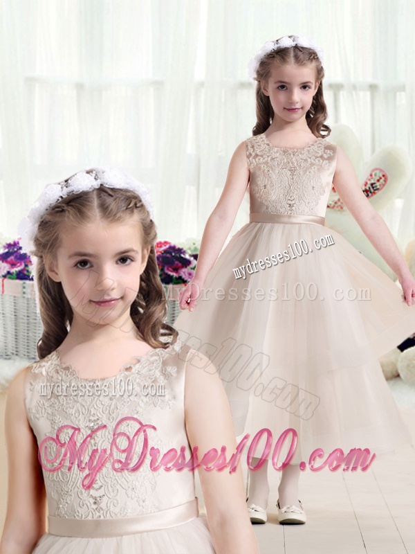 Most Popular Scoop Champagne Flower Girl Dresses with Appliques