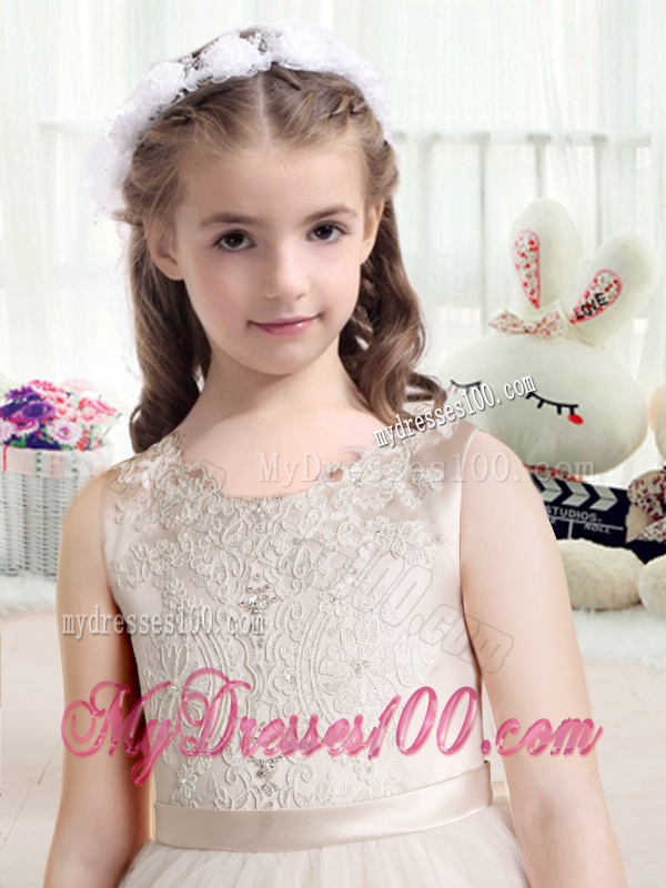 Most Popular Scoop Champagne Flower Girl Dresses with Appliques