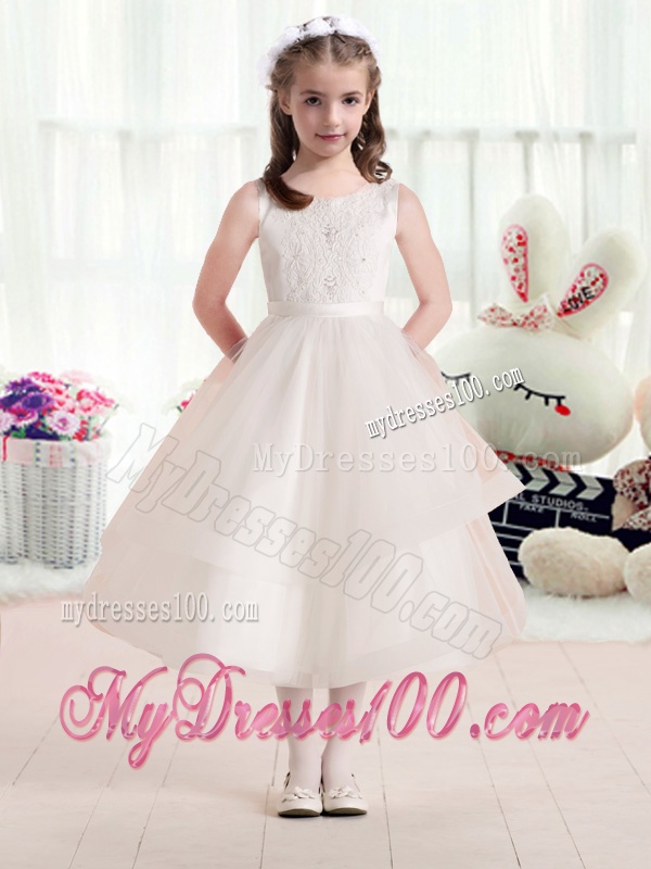 Most Popular Scoop Champagne Flower Girl Dresses with Appliques