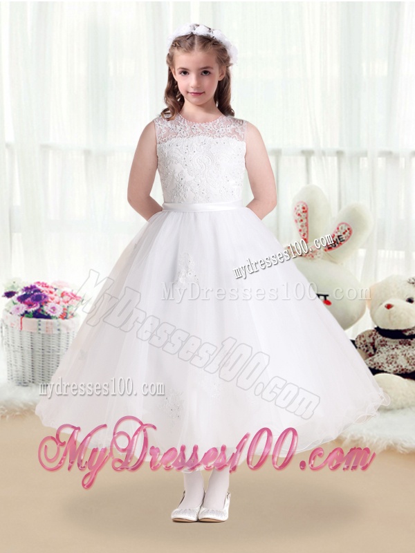 New Style Scoop Appliques White Flower Girl Dresses