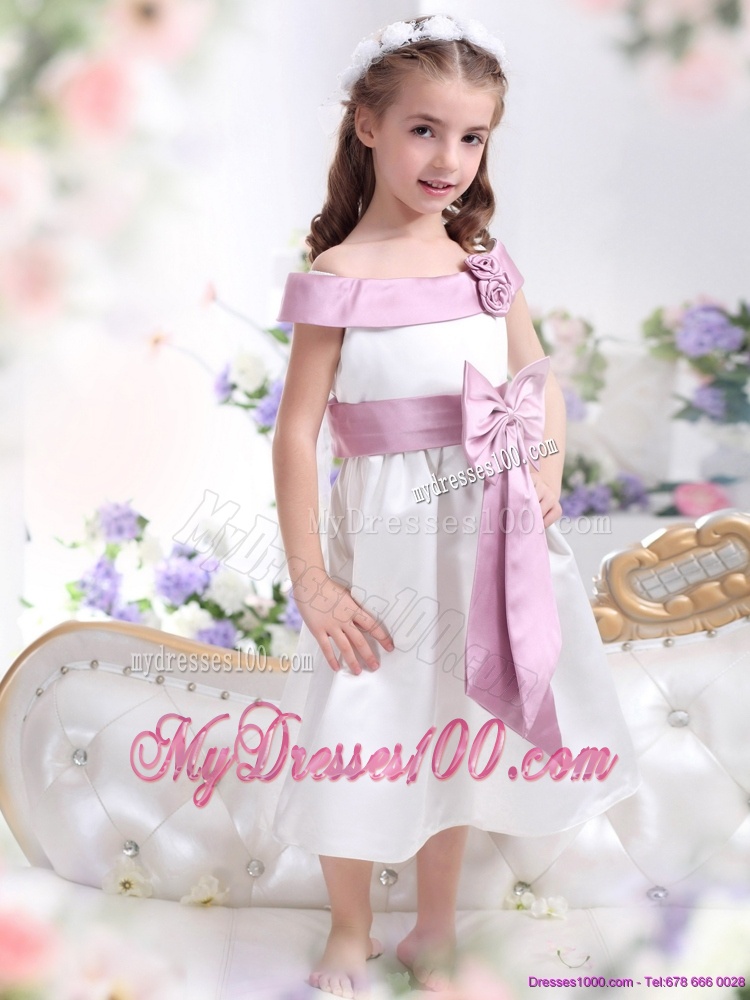 Off The Shoulder White Flower Girl Dress with Flower and Bowknot