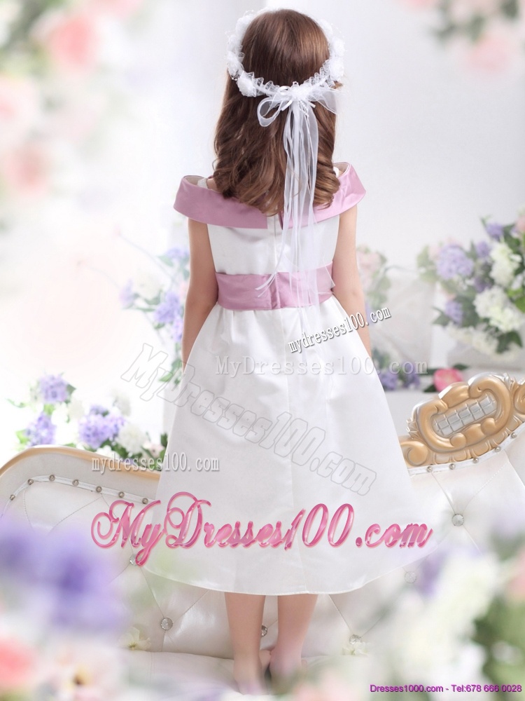 Off The Shoulder White Flower Girl Dress with Flower and Bowknot