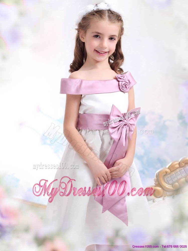 Off The Shoulder White Flower Girl Dress with Flower and Bowknot