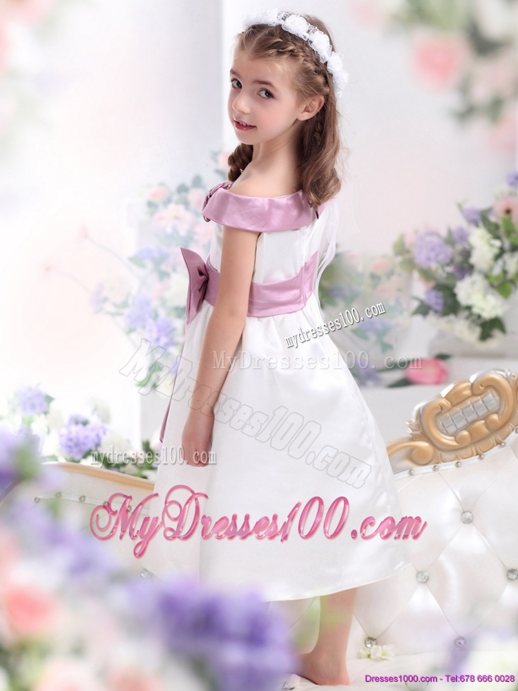 Off The Shoulder White Flower Girl Dress with Flower and Bowknot