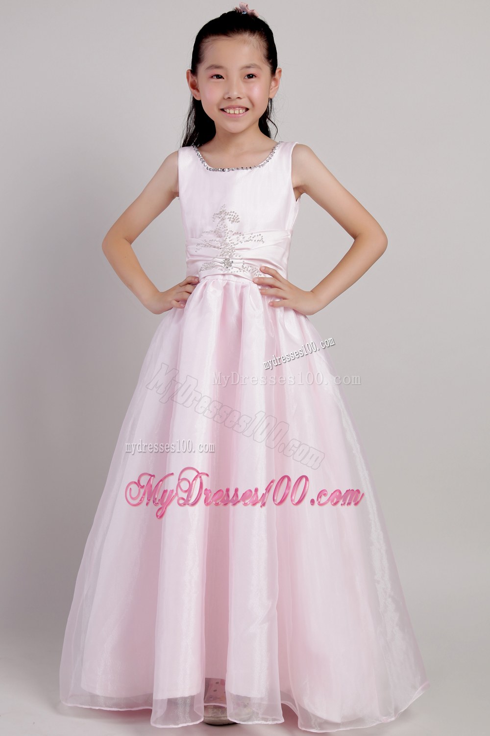 Pink Floor-Ankle-length Beading Flower Girl Dress