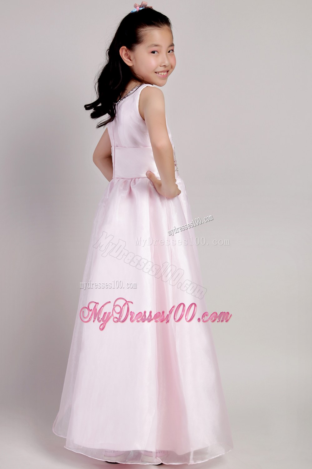 Pink Floor-Ankle-length Beading Flower Girl Dress