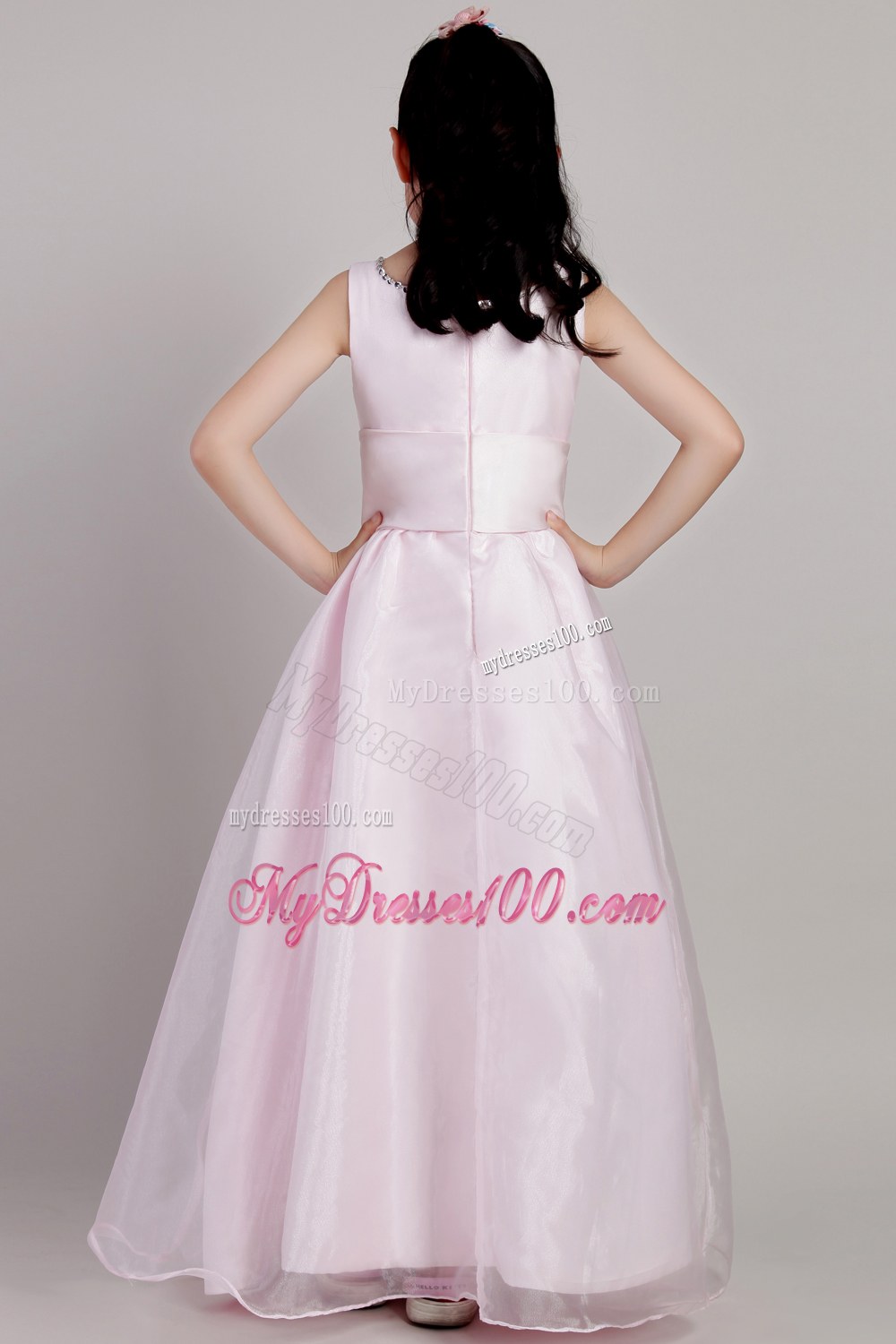 Pink Floor-Ankle-length Beading Flower Girl Dress