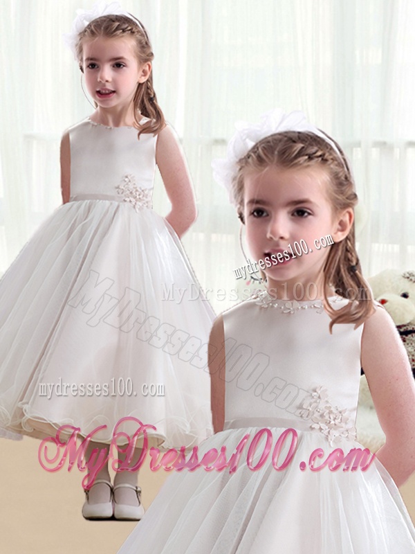 Pretty Bateau Appliques Flower Girl Dresses with Tea Length