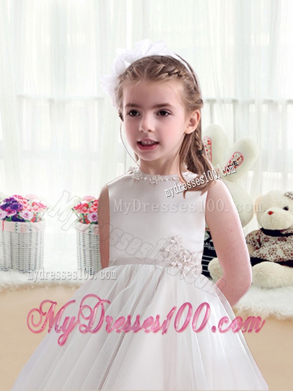 Pretty Bateau Appliques Flower Girl Dresses with Tea Length