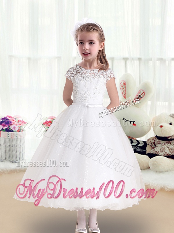 Pretty Bateau Cap Sleeves White Flower Girl Dresses
