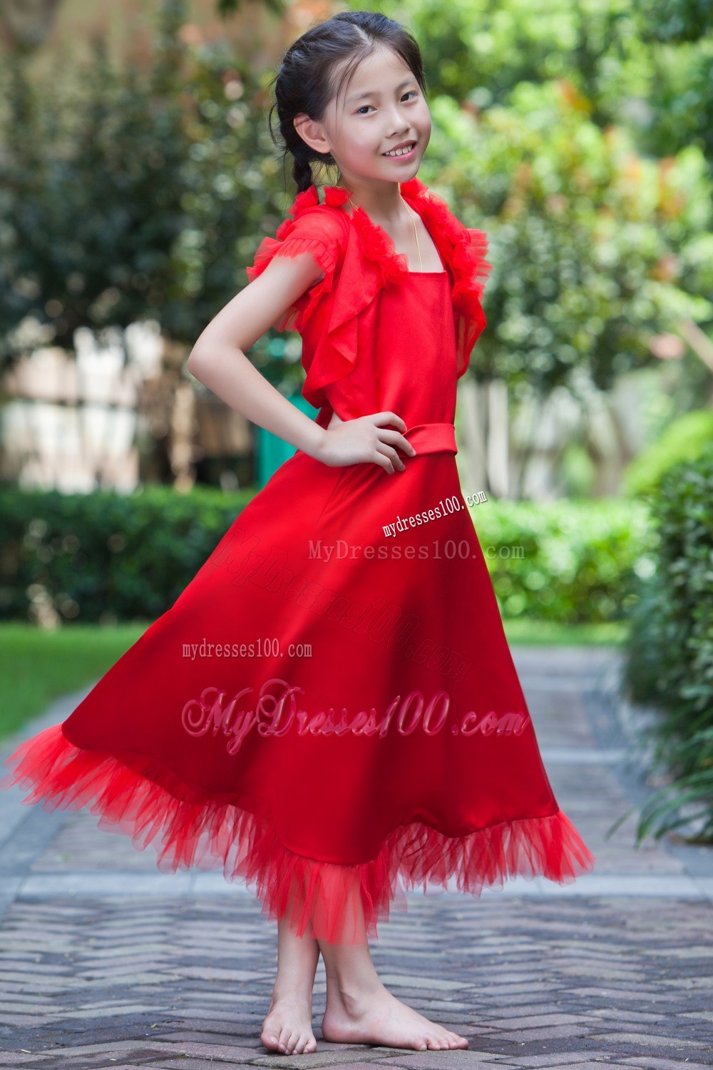 Red Square Neck Tea-length Flower Girl Dress