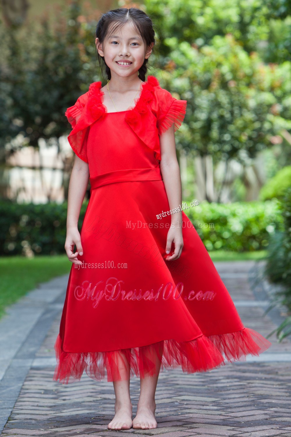 Red Square Neck Tea-length Flower Girl Dress