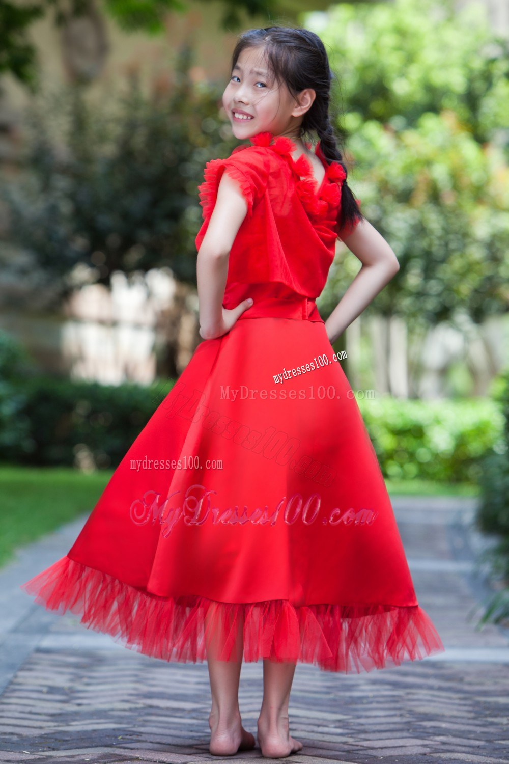 Red Square Neck Tea-length Flower Girl Dress