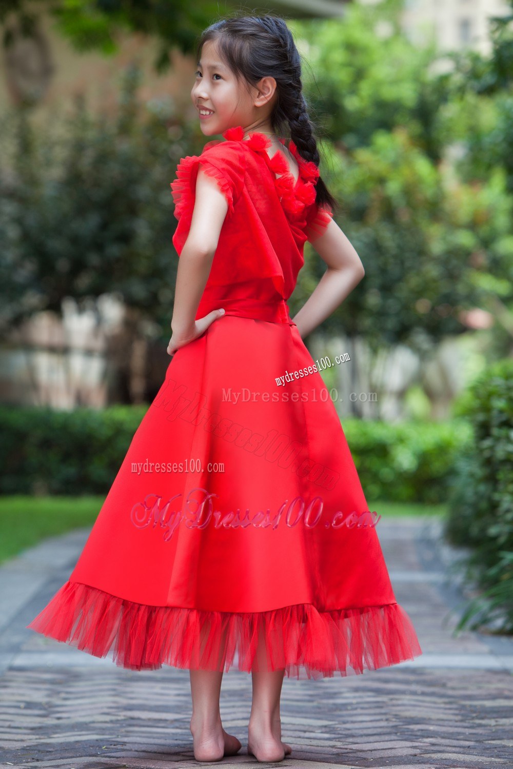 Red Square Neck Tea-length Flower Girl Dress