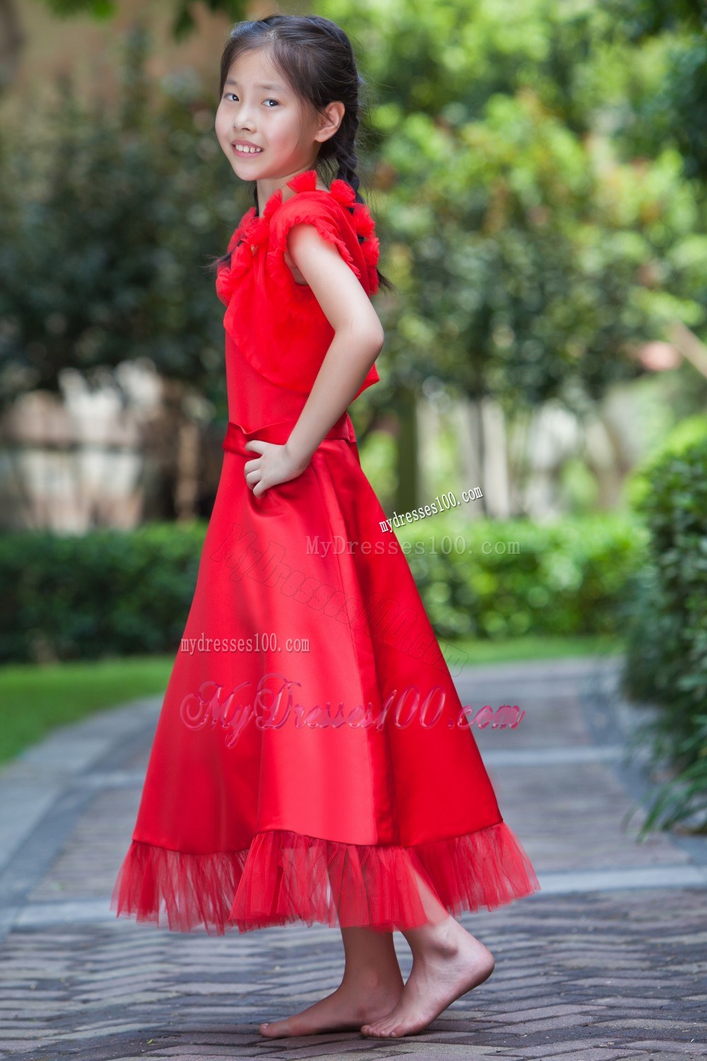 Red Square Neck Tea-length Flower Girl Dress