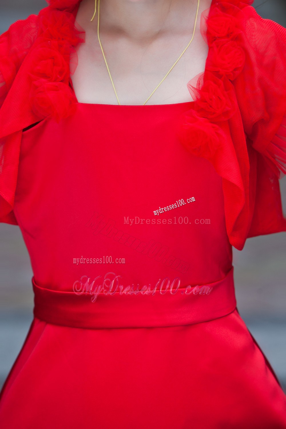 Red Square Neck Tea-length Flower Girl Dress