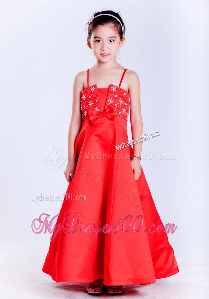 Red Straps Ankle-length Beading Flower Girl Dress