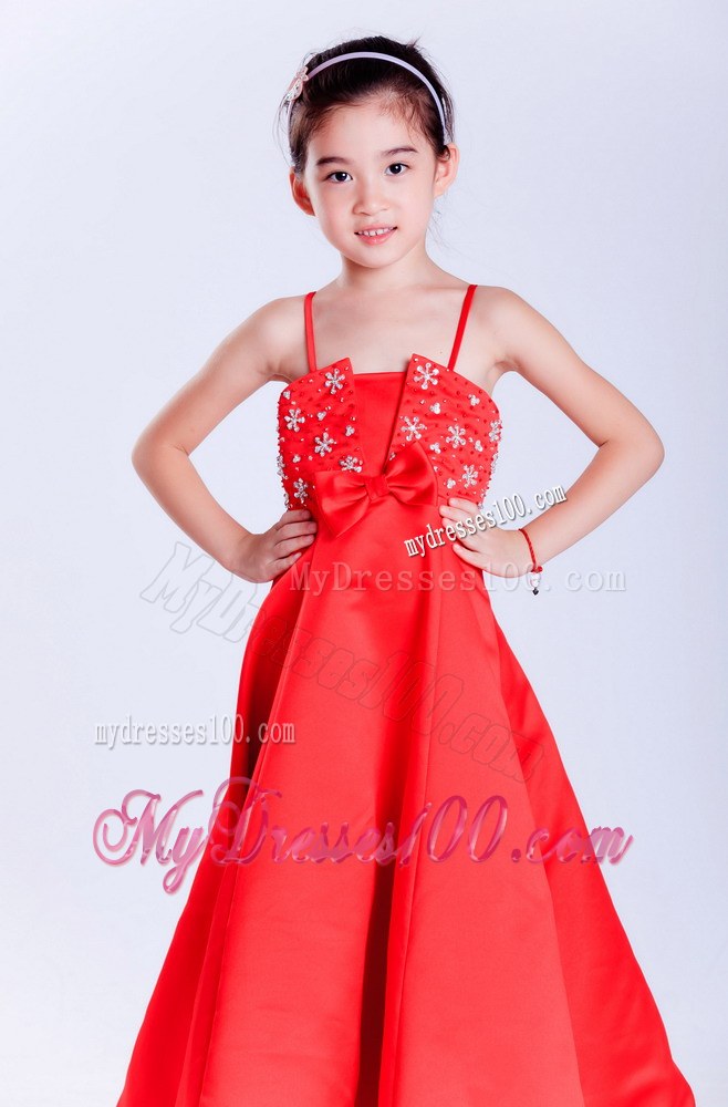 Red Straps Ankle-length Beading Flower Girl Dress