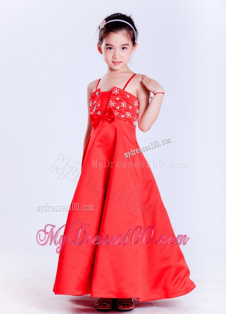 Red Straps Ankle-length Beading Flower Girl Dress
