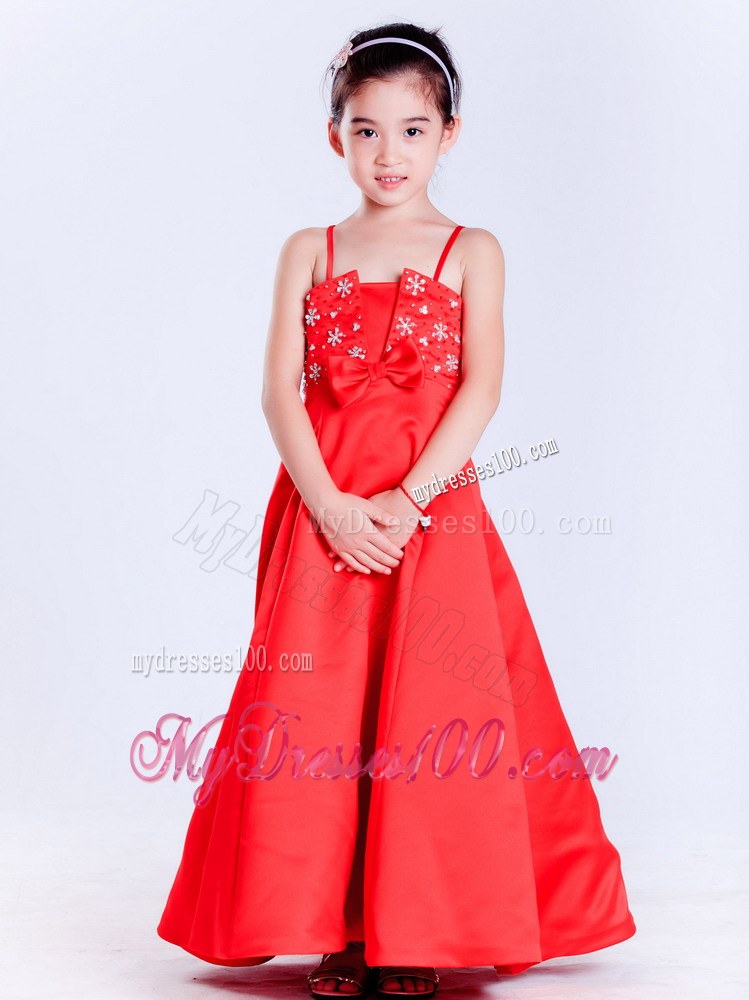 Red Straps Ankle-length Beading Flower Girl Dress
