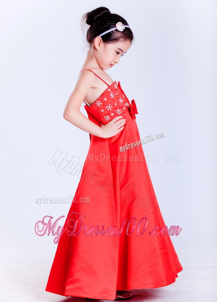 Red Straps Ankle-length Beading Flower Girl Dress