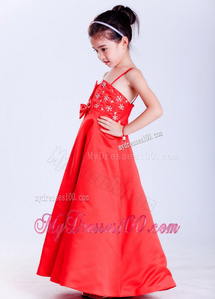 Red Straps Ankle-length Beading Flower Girl Dress